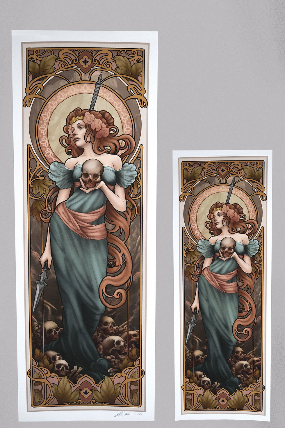 Thumbnail: Lady Mielikki skulls holding spear art nouveau fine art wall art print