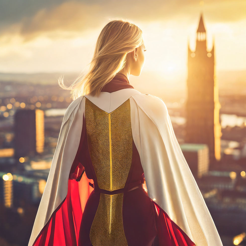 Firefly Superhero woman Dressed in white and gold looking out over Glasgow