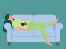 An illustration of a woman lying at home on a couch using biomagnetism at home. 