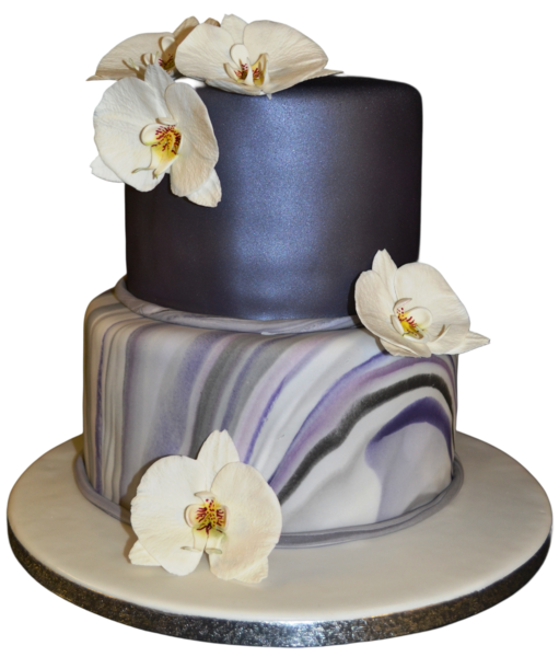 Two-tier wedding cake with navy and marbled sugar paste, adorned with white orchids.