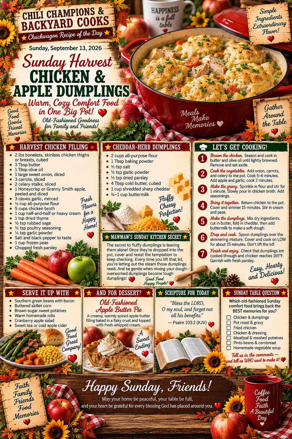 🍂🌻 Chili Champions & Backyard Cooks 🌻🍂🍁 Chuckwagon Fall Recipe of the Day — Sunday, September 13, 2026