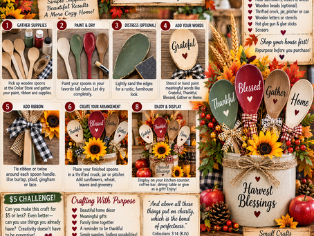 🍂🌻 THRIFTED TREASURES & DIY CREATIONS 🌻🍂Tuesday, September 8, 2026🍎 DOLLAR STORE CRAFT OF THE DAY🥄 Dollar Store Wooden Spoons → Cozy Cottage Harvest Kitchen Arrangement