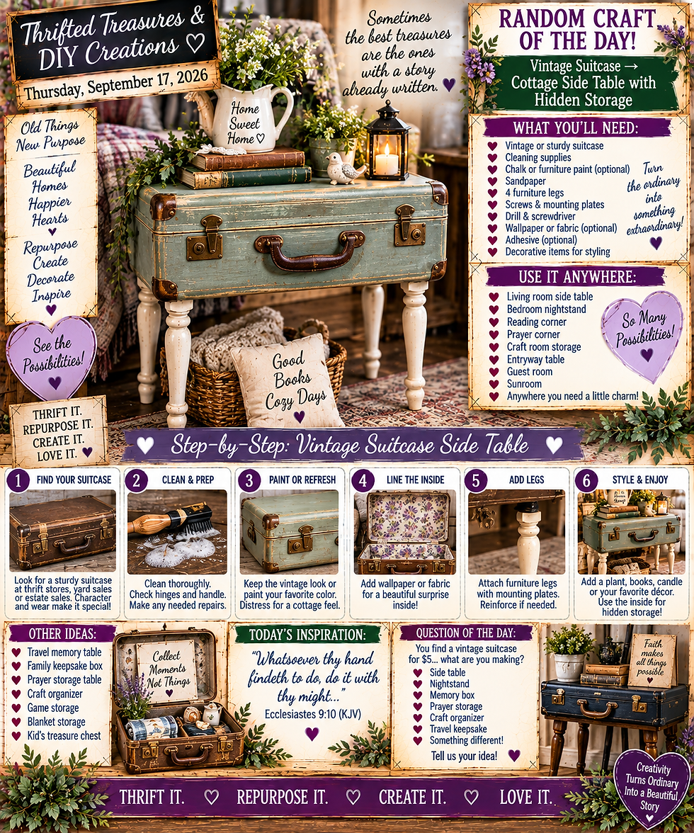 🧳✨ THRIFTED TREASURES & DIY CREATIONS ✨🧳Thursday, September 17, 2026💜 UNIQUE CRAFT OF THE DAY🧳 Vintage Suitcase → Cozy Cottage Hidden-Storage Side Table