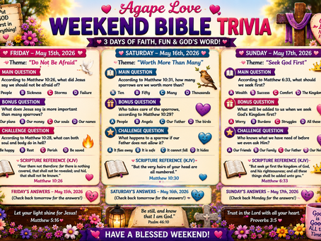 🌸🔥📖 Agape Love Weekend Bible Trivia – May 15th–17th, 2026 📖🔥🌸✨ 3 Days of Faith, Fun & God’s Word ✨