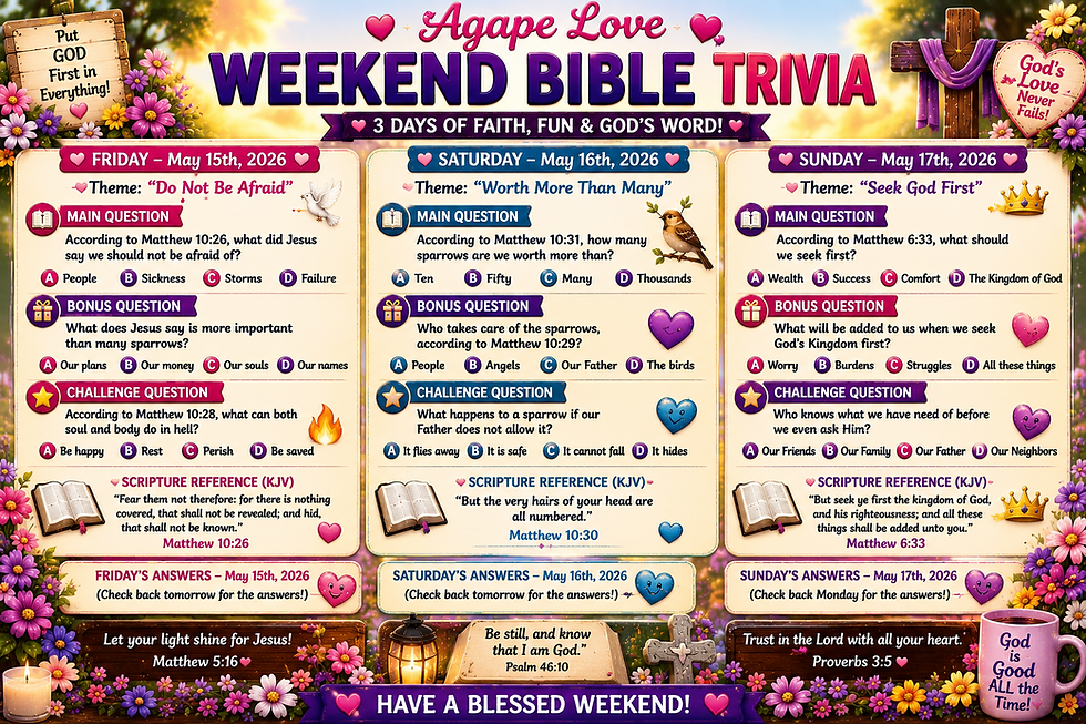 🌸🔥📖 Agape Love Weekend Bible Trivia – May 15th–17th, 2026 📖🔥🌸✨ 3 Days of Faith, Fun & God’s Word ✨