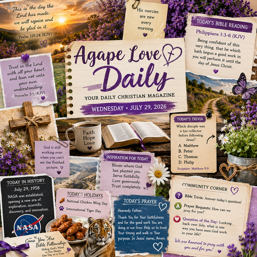 🌸 AGAPE LOVE DAILY 🌸Your Daily Christian Magazine Wednesday • July 29, 2026✝️ Faith • 📖 Bible Reading • 🧠Bible Trivia • 🇺🇸 Heritage • 📜 History • 🎉 Holidays • 🌻 Inspiration • 🙏 Prayer