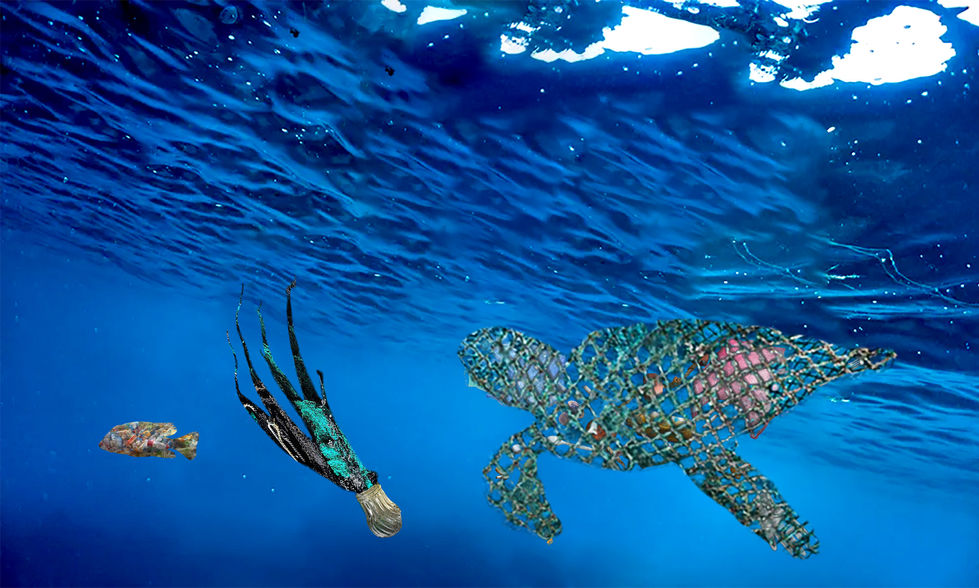 an octopus and a turtle are swimming in the ocean, made up of trash.