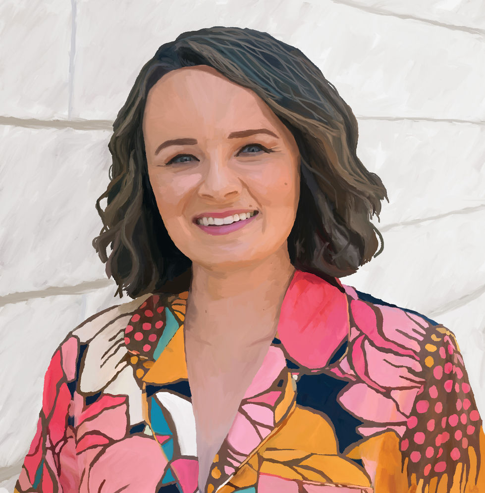 a painting of a woman in a colorful floral jacket smiles for the camera