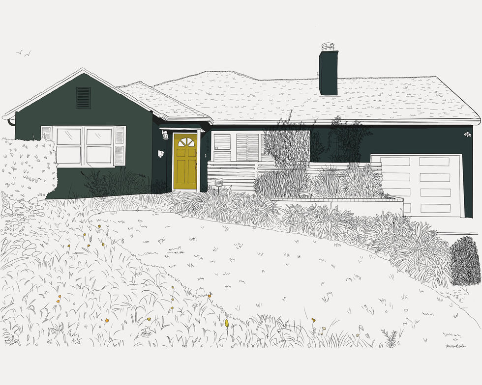 a black and white drawing of a house with a yellow door and green-blue painted exterior.