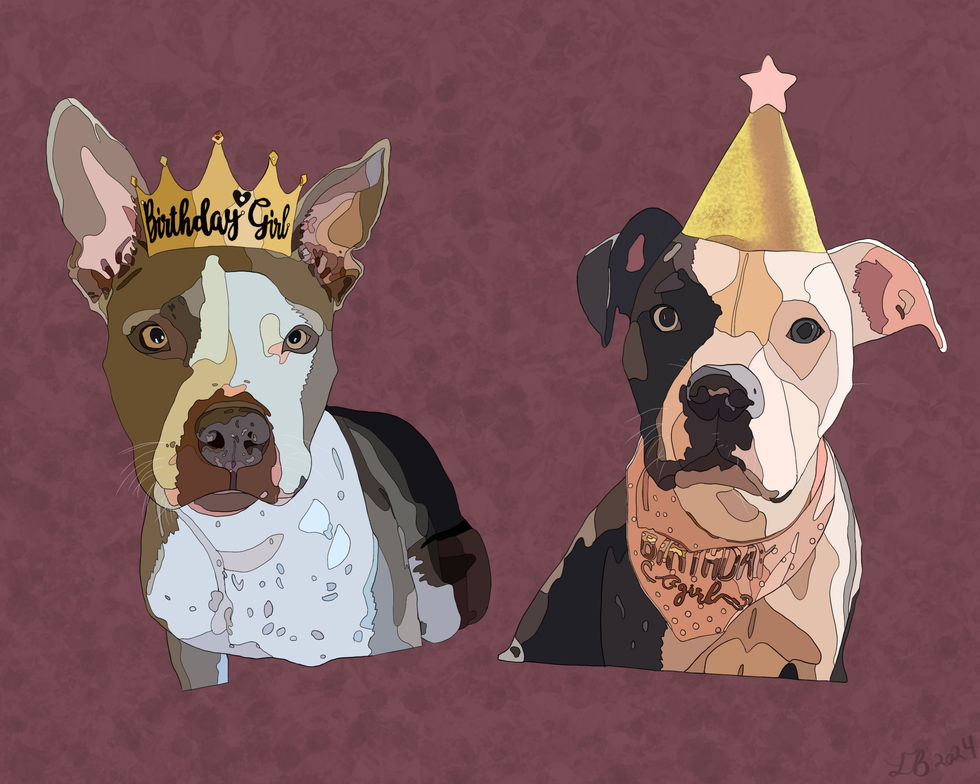 two dogs; one is wearing a crown that says birthday girl and the other is wearing a party hat.