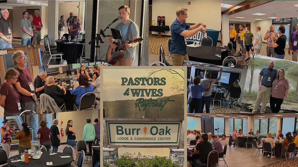 A vibrant photo collage documenting the 2nd Annual Pastors and Wives Retreat. The images capture various moments including a man leading worship with an acoustic guitar, attendees standing in prayer, Josh Remy gesturing during a session, and couples enjoying fellowship both indoors and outdoors near the Burr Oak Lodge lake. The center of the collage features the "Pastors & Wives Retreat" logo and the official Burr Oak Lodge & Conference Center entrance sign.