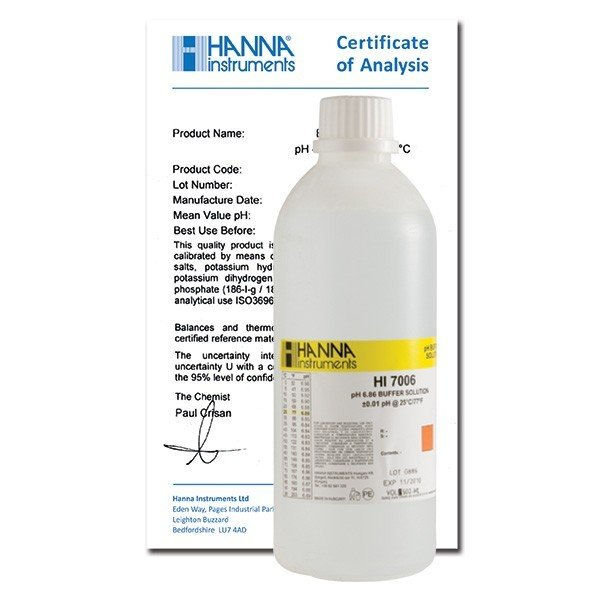 PH 6.86 BUFFER SOLUTION, 500 ML BOTTLE & CERTIFICATE OF ANALYSIS