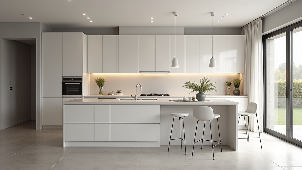 Eye-level view of a modern kitchen with bright cabinets and a spacious island