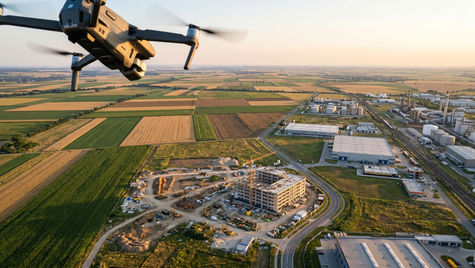 Geniş alan çekimi yapan drone, havadan 4K görüntüleme ile tarım, inşaat ve endüstriyel alanları detaylı şekilde gösteriyor, doğal ışık ve hareket hissiyle.