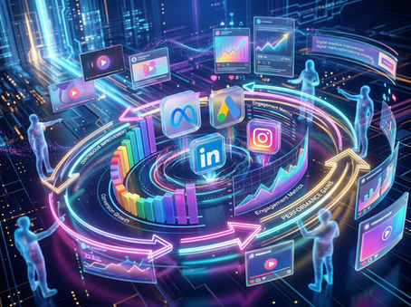 Dijital reklam kampanyalarında sürekli optimizasyon ve performans görseli, Meta, Instagram, LinkedIn ve Google Ads reklamları ile kreatif içerik.