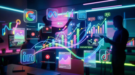 Dijital reklam kampanyaları, Google Ads, Meta, LinkedIn ve TikTok ile dönüşüm ve performans artıran kreatif içerik görseli.
