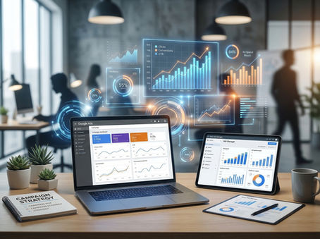: Modern dijital ajans ortamında holografik Google Ads ve Meta reklam panoları, sosyal medya kampanya görselleri ve analiz chartları ile dijital dönüşüm ve performans odaklı pazarlama konsepti, yüzleri görünmeyen siluetlerle desteklenmiş.