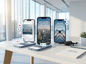 Sosyal medya etkileşimini artıran video içerikler, drone çekimi ve dijital içerik stratejisini temsil eden minimalist tasarım