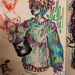 A colorful piece of a person turned too the side. in marker and pen