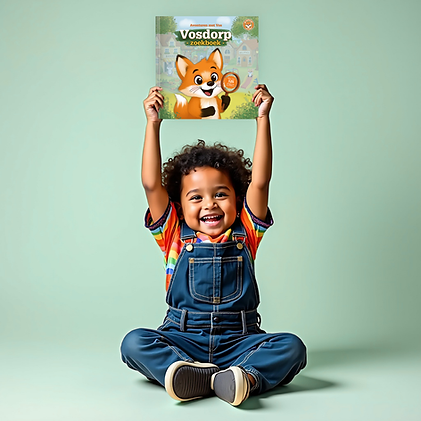 kleuter die enthousiast het zoekboek van Vosdorp van avonturen met vos laat zien