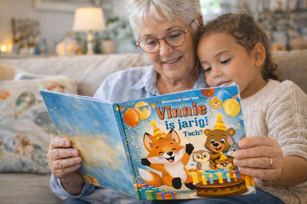 oma en kleinkind lezen boek vinnie is jarig