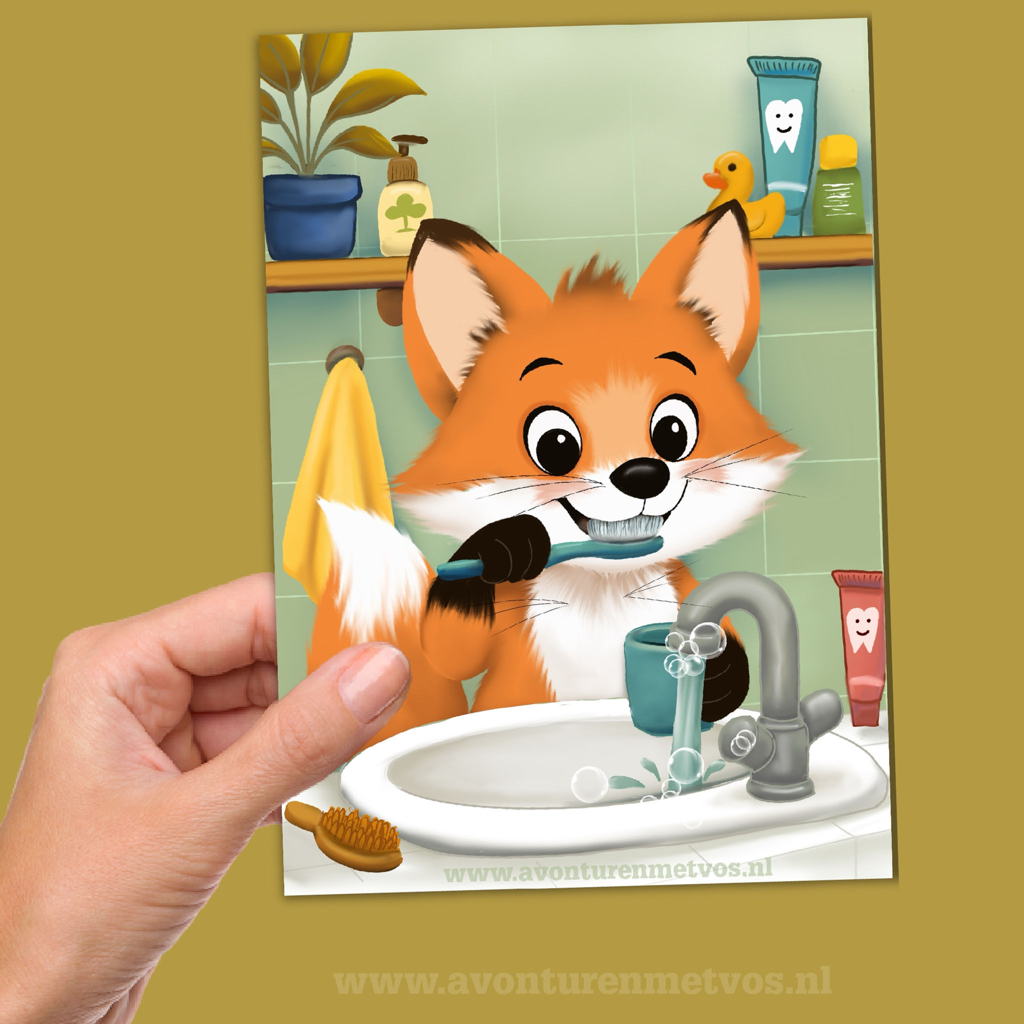 Ansichtkaart Vosje Vinnie tandenpoetsen