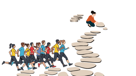 Group of people running on a path with a person about a dozen stones ahead paving the way.
