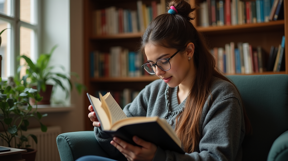 Eye-level view of a student reading a book in a cozy corner