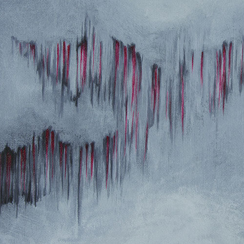 Close up of shades of grey and dark red. Emergence, science inspired art by Heidi Hodkinson.