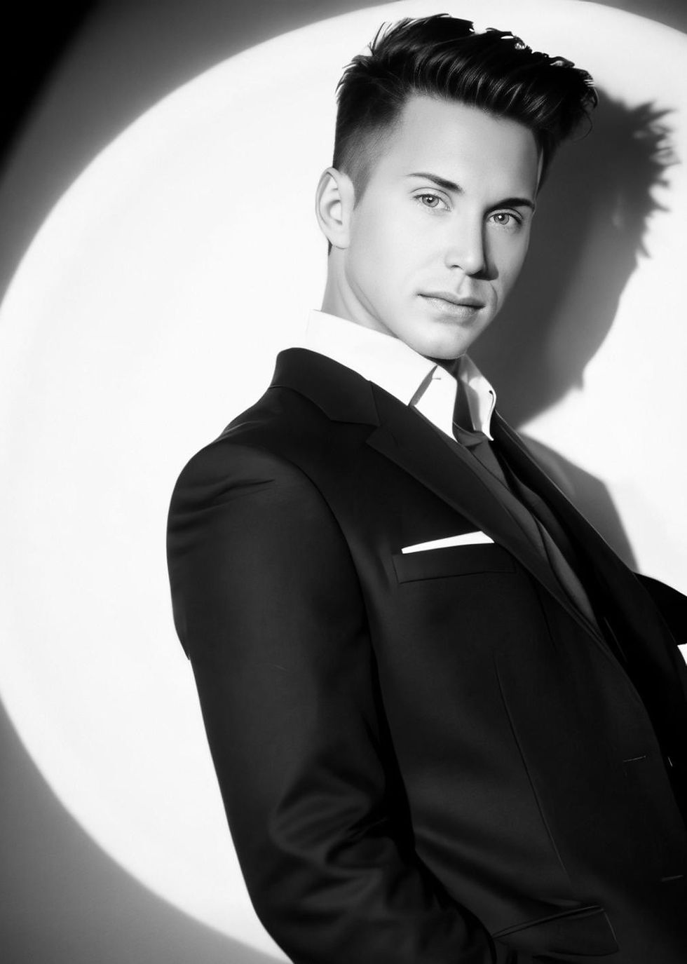 Black-and-white portrait of a queer writer and musical creator Waymon Hudson in a spotlight, evoking Broadway stage drama.
