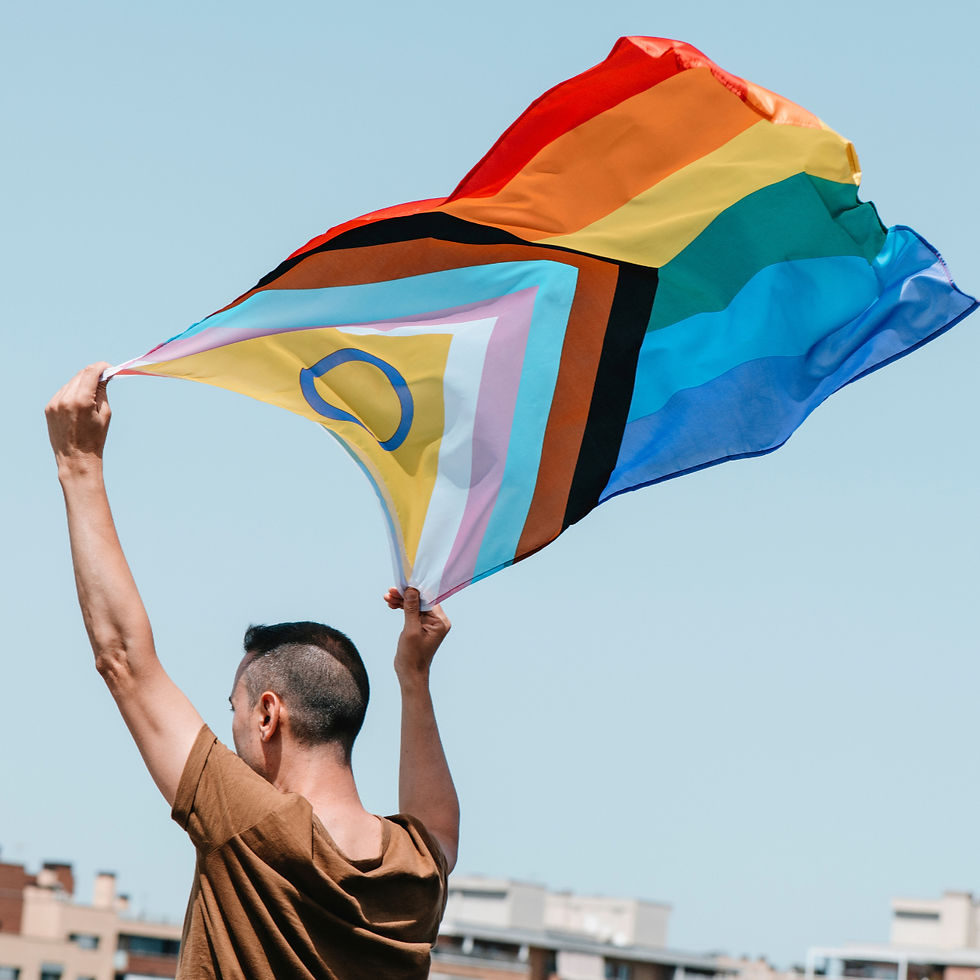 Person waving a large Progress Pride flag above their head on a bright sunny day.