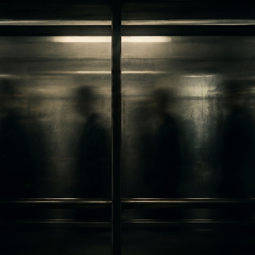 Blurred human silhouettes moving behind dark glass in a cinematic horror scene representing Silent Horrors themes of identity distortion, liminal horror, and unsettling short fiction.