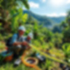 Two technicians installing fiber-optic internet cables in the Costa Rican jungle, showing modern infrastructure supporting remote work.