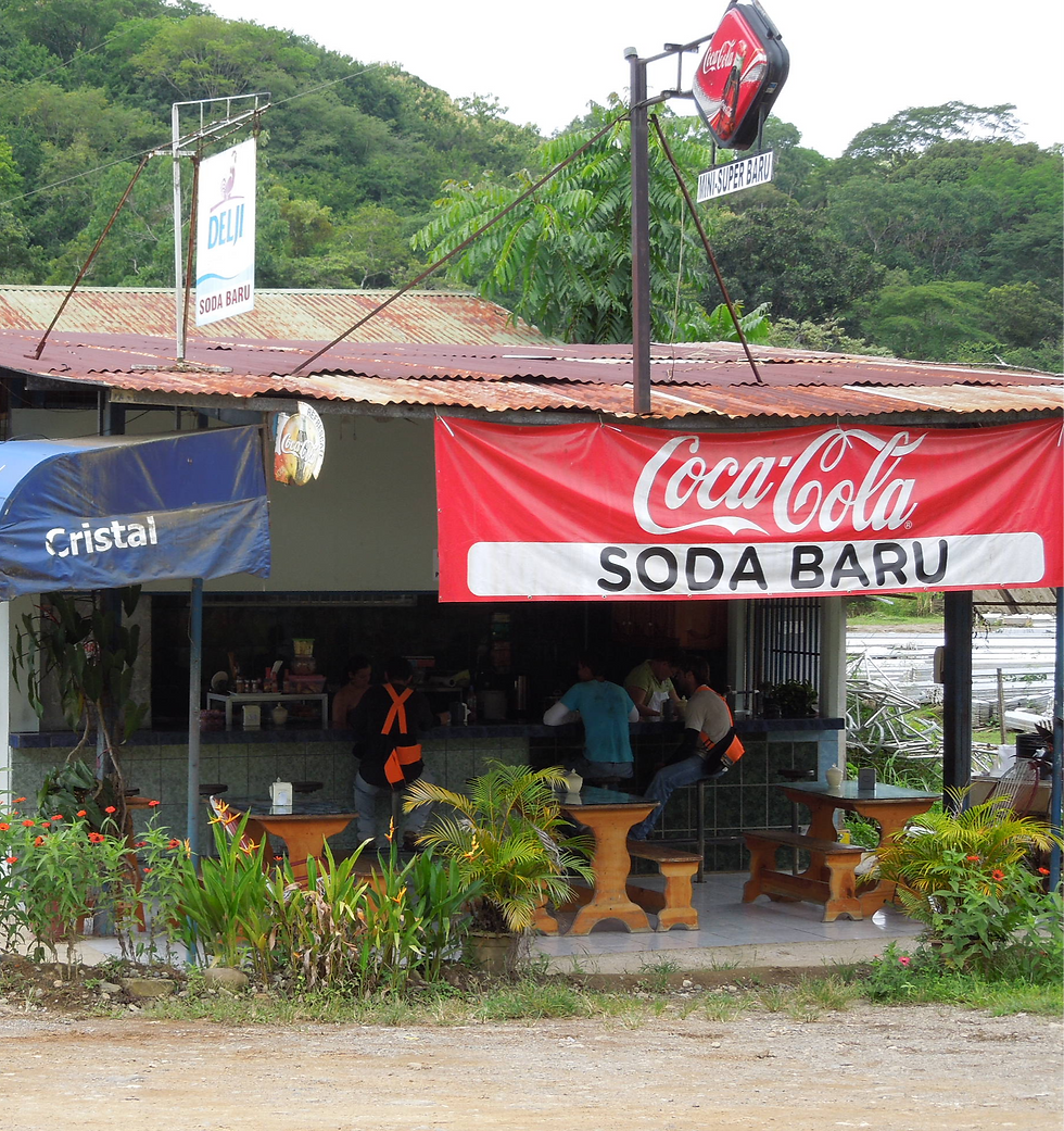 A rustic roadside soda (local restaurant) in Costa Rica with wooden tables outside and people eating inside under a Coca-Cola sign.