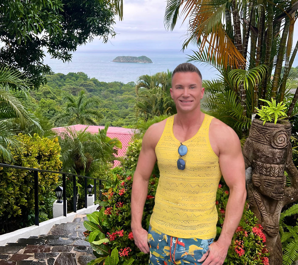 Waymon Hudson in a lush Costa Rican jungle setting — symbolizing queer expat life, nature-based healing, and anti-hustle creative freedom.