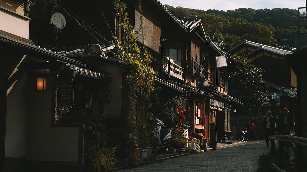 Traditional buildings along street in Kyoto, Japan