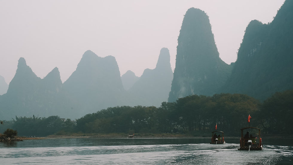 Bamboo rafting on Lijiang River in Yangshuo County, Guangxi, China