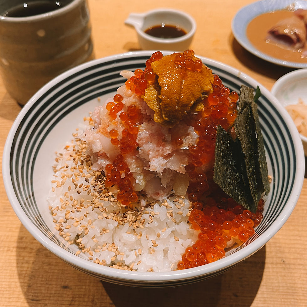 Seafood rice bowl for lunch at Nihonbashi Kaisen Donburi Tsujihan in Tokyo, Japan