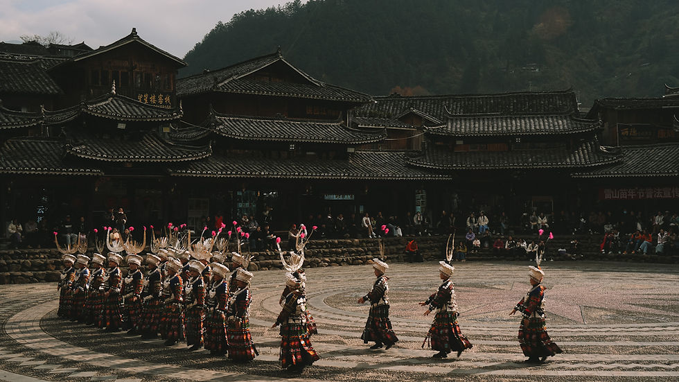 Miao folk song and dance performance at Lusheng Square in Xijiang Qianhu Miao Village, Guizhou, China