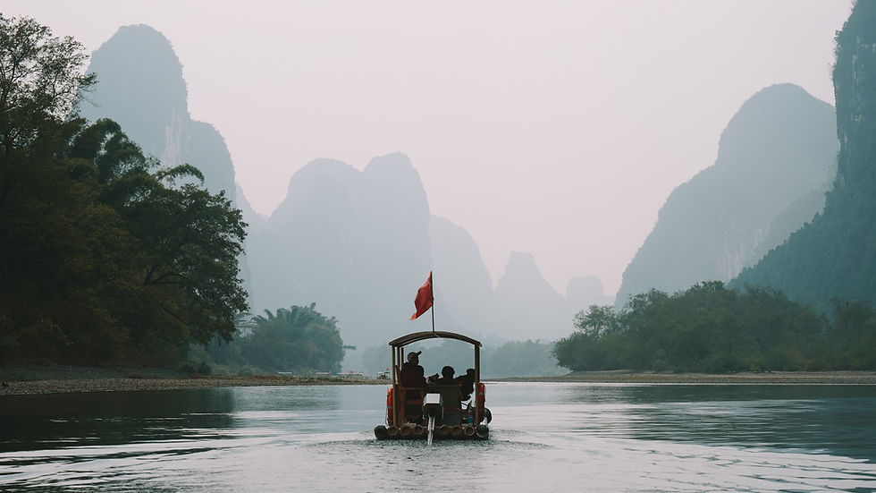 Bamboo rafting on Lijiang River in Yangshuo County, Guangxi, China