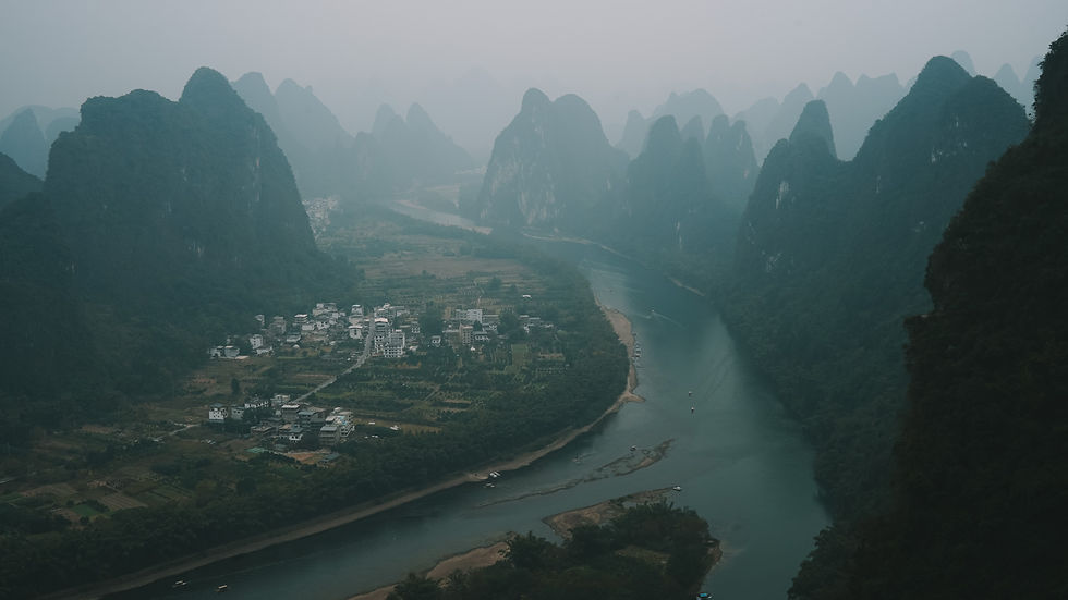 View of karsts and Lijiang River from Xianggong Mountain in Yangshuo County, Guangxi, China