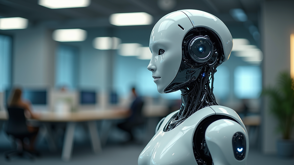 High angle view of a futuristic AI robot in an office setup
