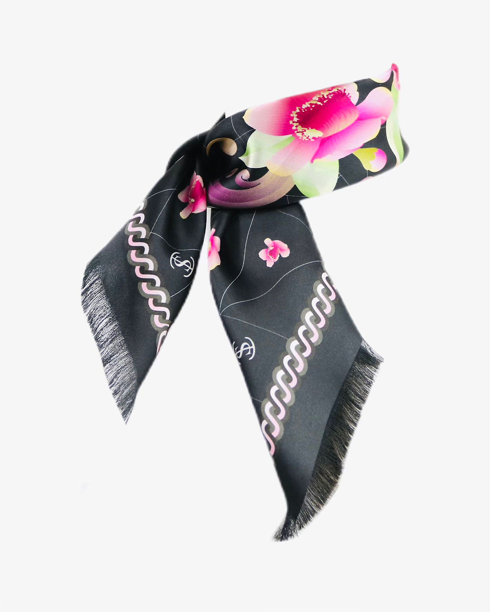 Thumbnail: Black Pink - Floral Print Silk Scarf