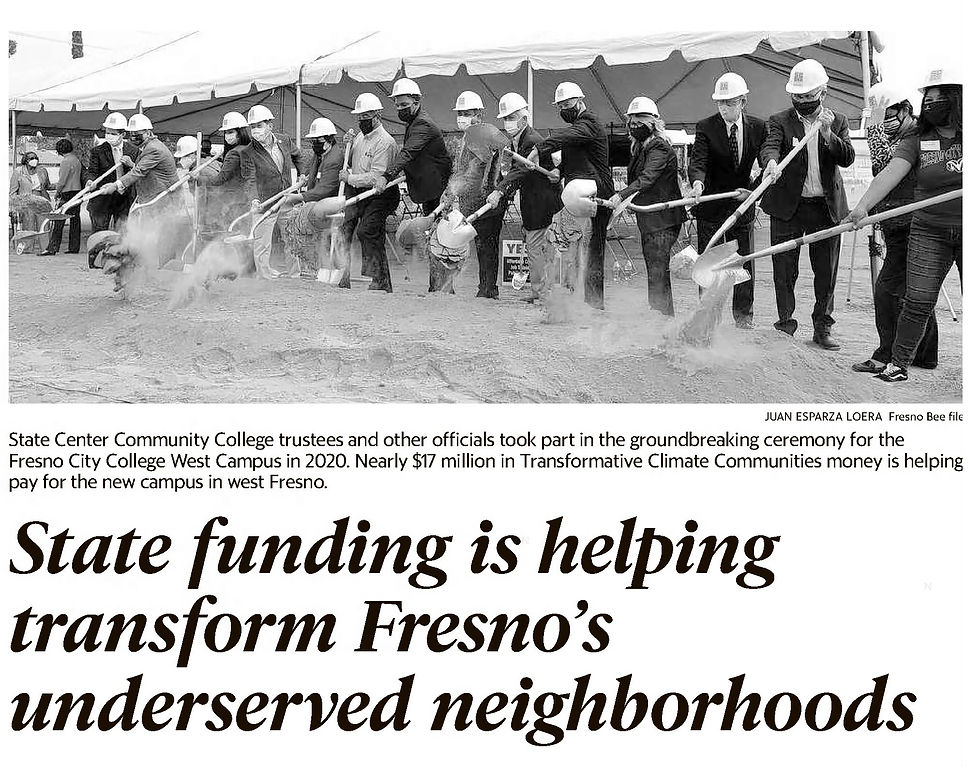 Funding from the Transformative Climate Communities grant helped to fund the building of Fresno City College’s West Campus. The campus, which broke ground in 2020, provides residents with workforce training and educational pathways leading to high-demand, high-quality jobs. The campus serves as a catalyst for improvements in the overall environmental health of the region. Photo courtesy of the Fresno City & County Historical Society. All rights reserved.