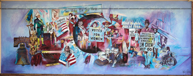A mural commissioned by the League of Women Voters was unveiled in downtown Fresno in May 2026. The mural, painted by Will Portis, celebrates the evolution of voting rights in American history. Scenes depict critical moments, including the Civil War, the passage of the 13th, 14th and 15th Amendments, and the 100-year struggle for women’s right to vote, culminating in the 19th Amendment.