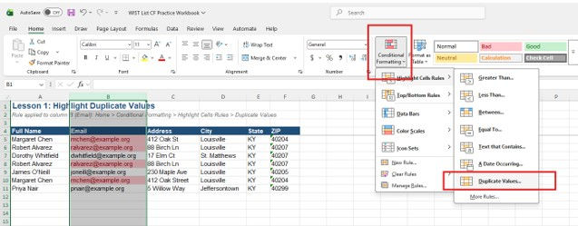 An image of conditional formatting in Excel