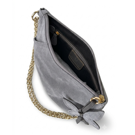 Pochette grande artigianale in pelle scamosciata con catena regolabile da spalla e crossbody, realizzata a mano in Italia da maestri pellettieri.