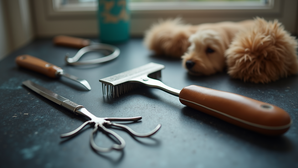 Close-up view of various dog grooming tools arranged neatly