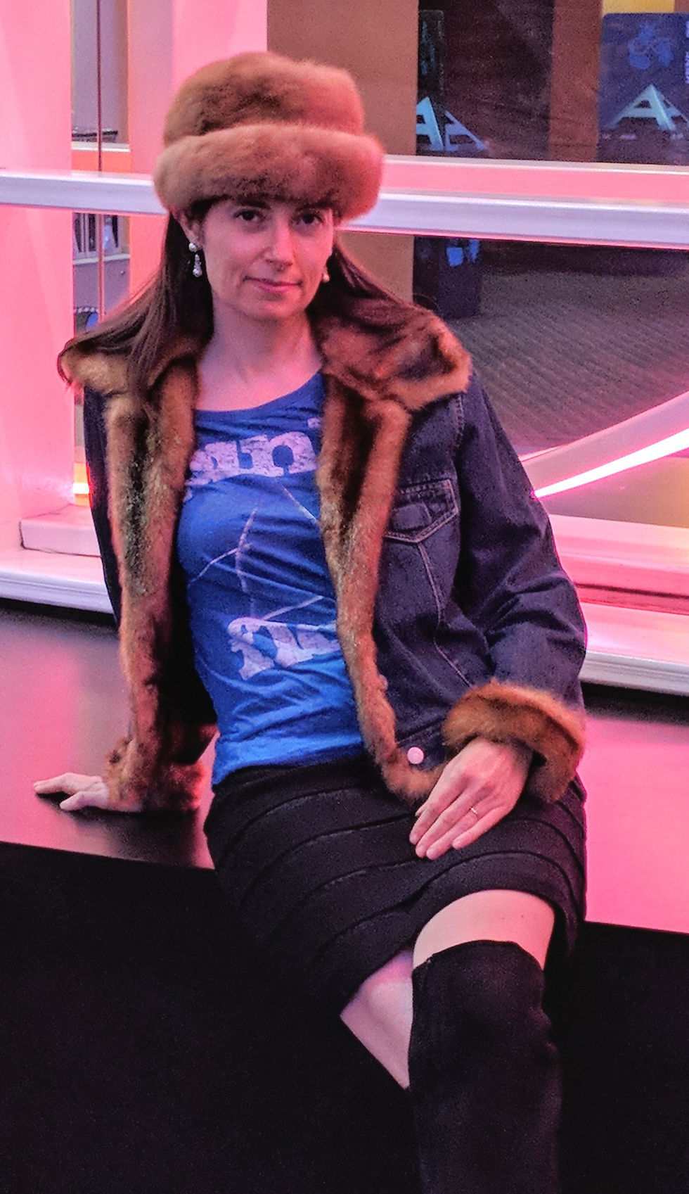 Denim and faux fur jean jacket, Michael Kors boots, Ann Taylor skirt, vintage Pink Floyd rock t-shirt, vintage mink fur hat