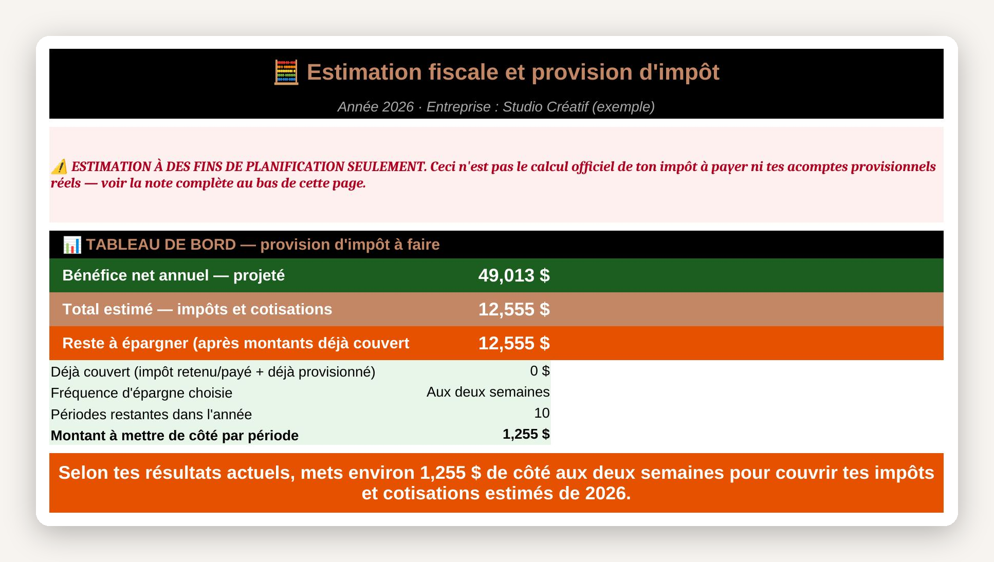 Fichier Travailleur autonome - Revenus, Dépenses et Estimation d'impôt